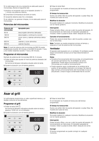 7
Si no está seguro de si su recipiente es adecuado para el
microondas, efectúe el siguiente test:
1. Introducir el recipiente vacío en el aparato durante ½ -
1 minuto a la potencia máxima.
2. Comprobar la temperatura de tanto en tanto.
El recipiente debería estar frío o templado.
Si se calienta o se generan chispas, no es adecuado para el
microondas.
Potencias del microondas
Nota: El nivel de potencia del microondas de 900 W puede
programarse durante 30 minutos, el de 600 W durante 1 hora
y los niveles restantes durante 1 hora y 39 minutos.
Programar el microondas
Ejemplo de potencia del microondas 600 W, 5 minutos
1. Pulsar la tecla para ajustar el nivel de potencia deseado del
microondas.
Se ilumina la lámpara indicadora situada sobre la tecla.
2. Ajustar la duración con el mando giratorio.
3. Pulsar la tecla Start.
En el indicador se muestra el transcurso del tiempo
programado.
El tiempo ha transcurrido
Suena una señal. Abrir la puerta del aparato o pulsar Stop. Se
muestra de nuevo la hora.
Modificar la duración
Se puede realizar en cualquier momento. Modificar la duración
con el mando giratorio.
Interrupción
Pulsar la tecla «Stop» una vez o abrir la puerta del aparato. El
funcionamiento se interrumpe. El indicador parpadea al
iniciarse. Volver a pulsar la tecla «Start» después de cerrar.
Cancelar el funcionamiento
Pulsar dos veces la tecla Stop o abrir la puerta y pulsar una
vez la tecla Stop.
Nota: También se puede programar primero el tiempo y
después el nivel de potencia del microondas.
Ventilador
El aparato está equipado con un ventilador. El ventilador puede
seguir funcionando aunque ya se haya desconectado el
aparato.
Notas
■ Durante el funcionamiento del microondas, el compartimento
de cocción permanece frío. El ventilador se activa
igualmente. Puede seguir funcionando incluso si el
microondas ya no está en funcionamiento.
■ Puede aparecer agua condensada en la ventana de la
puerta, en las paredes interiores y en la base. Se trata de
algo normal y el funcionamiento del microondas no se ve
perjudicado. Limpie el agua condensada tras la cocción.
Asar al grill
Un grill potente proporciona un calor superficial intenso y un
dorado uniforme en los alimentos.
Programar el grill
1. Pulsar la tecla Grill (.
Se ilumina la lámpara indicadora situada sobre la tecla y
aparece 10:00 min. en el indicador.
2. Ajustar la duración con el mando giratorio.
3. Pulsar la tecla Start.
En el indicador se muestra el transcurso del tiempo
programado.
El tiempo ha transcurrido
Suena una señal. Abrir la puerta del aparato o pulsar Stop. Se
muestra de nuevo la hora.
Modificar la duración
Se puede realizar en cualquier momento. Modificar la duración
con el mando giratorio.
Interrupción
Pulsar la tecla «Stop» una vez o abrir la puerta del aparato. El
funcionamiento se interrumpe. El indicador parpadea al
iniciarse. Volver a pulsar la tecla «Start» después de cerrar.
Corregir
El tiempo programado se puede corregir en cualquier
momento.
Potencia del
microondas
Apropiado para
90 W descongelar alimentos delicados
180 W descongelar y continuar la cocción
360 W cocer carne y calentar alimentos delica-
dos
600 W calentar y cocer alimentos
900 W calentar líquidos
 

 
VWRSVWDUW
PLQ
NJ
PLQ
 

 
VWRSVWDUW
PLQ
NJ
PLQ
 
