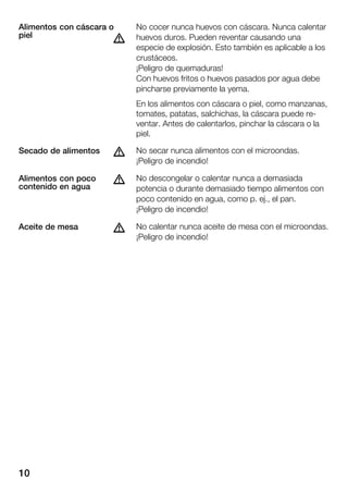 10
No cocer nunca huevos con cáscara. Nunca calentar
huevos duros. Pueden reventar causando una
especie de explosión. Esto también es aplicable a los
crustáceos.
¡Peligro de quemaduras!
Con huevos fritos o huevos pasados por agua debe
pincharse previamente la yema.
En los alimentos con cáscara o piel, como manzanas,
tomates, patatas, salchichas, la cáscara puede reĆ
ventar. Antes de calentarlos, pinchar la cáscara o la
piel.
No secar nunca alimentos con el microondas.
¡Peligro de incendio!
No descongelar o calentar nunca a demasiada
potencia o durante demasiado tiempo alimentos con
poco contenido en agua, como p. ej., el pan.
¡Peligro de incendio!
No calentar nunca aceite de mesa con el microondas.
¡Peligro de incendio!
Alimentos con cáscara o
piel
d
dSecado de alimentos
dAlimentos con poco
contenido en agua
dAceite de mesa
 