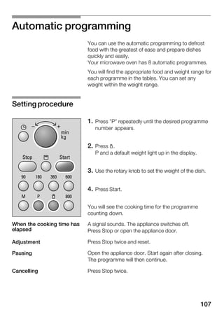 107
Automatic programming
You can use the automatic programming to defrost
food with the greatest of ease and prepare dishes
quickly and easily.
Your microwave oven has 8 automatic programmes.
You will find the appropriate food and weight range for
each programme in the tables. You can set any
weight within the weight range.
1. Press "P" repeatedly until the desired programme
number appears.
2. Press p.
P and a default weight light up in the display.
3. Use the rotary knob to set the weight of the dish.
4. Press Start.
You will see the cooking time for the programme
counting down.
A signal sounds. The appliance switches off.
Press Stop or open the appliance door.
Press Stop twice and reset.
Open the appliance door. Start again after closing.
The programme will then continue.
Press Stop twice.
Setting procedure
When the cooking time has
elapsed
Adjustment
Pausing
Cancelling
 