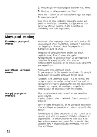 132
2. Ñõèìßóôå ìå ôïí ðåñéóôñïöéêü äéáêüðôç 1:30 ëåðôÜ.
3. ÐáôÞóôå ôï ðëÞêôñï åêêßíçóçò "Start".
ÌåôÜ áðü 1 ëåðôü êáé 30 äåõôåñüëåðôá ç÷åß Ýíá óÞìá.
Ôï íåñü åßíáé êáõôü.
Åíþ ðßíåôå ôï ôóÜé, äéáâÜóôå ðáñáêáëþ áêüìá ìéá
öïñÜ ôéò õðïäåßîåéò áóöáëåßáò ðïõ âñßóêïíôáé óôçí
áñ÷Þ ôùí ïäçãéþí ÷ñÞóçò. ÁõôÝò ïé õðïäåßîåéò
áóöáëåßáò åßíáé ðïëý óçìáíôéêÝò.
ÊáôÜëëçëá åßíáé ðõñßìá÷á ìáãåéñéêÜ óêåýç áðü ãõáëß,
õáëïêåñáìéêü õëéêü, ðïñóåëÜíç, êåñáìéêü Þ áíèåêôéêü
óôç èåñìüôçôá ðëáóôéêü õëéêü. Ôá ìéêñïêýìáôá
äéáðåñíïýí áõôÜ ôá õëéêÜ.
Ìðïñåßôå íá ÷ñçóéìïðïéÞóåôå åðßóçò êáé óêåýç
óåñâéñßóìáôïò. ¸ôóé åîïéêïíïìåßôå ÷ñüíï.
×ñçóéìïðïéåßôå ôá ìáãåéñéêÜ óêåýç ìå ÷ñõóáöÝíéåò Þ
áóçìÝíéåò äéáêïóìÞóåéò ìüíï ôüôå, üôáí ï
êáôáóêåõáóôÞò åããõÜôáé, üôé ôï óêåýïò åßíáé êáôÜëëçëï
ãéá ìéêñïêýìáôá.
ÁêáôÜëëçëá åßíáé ìåôáëëéêÜ óêåýç.
Ôá ìéêñïêýìáôá äå äéáðåñíïýí ôï ìÝôáëëï. Ôá öáãçôÜ
ðáñáìÝíïõí óå êëåéóôÜ ìåôáëëéêÜ äï÷åßá êñýá.
Ðñïóï÷Þ! ¸íá ìåôáëëéêü óþìá ć ð.÷. ôï êïõôÜëé óôï
ðïôÞñé ć ðñÝðåé íá áðÝ÷åé ôï ëéãüôåñï 2 cm áðü ôá
ôïé÷þìáôá ôïõ ÷þñïõ ìáãåéñÝìáôïò êáé ôçò åóùôåñéêÞò
ðëåõñÜò ôçò ðüñôáò. Ïé óðéíèÞñåò ìðïñïýí íá
êáôáóôñÝøïõí ôï åóùôåñéêü ãõáëß ôçò ðüñôáò.
Ìçí åíåñãïðïéÞóåôå ðïôÝ ôï öïýñíï ìéêñïêõìÜôùí
÷ùñßò öáãçôÜ.
Ç ìüíç åîáßñåóç åßíáé ç áêüëïõèç äïêéìÞ ìáãåéñéêïý
óêåýïõò.
ÅÜí äåí åßóôå óßãïõñïé(åò), üôé ôá ìáãåéñéêÜ óáò óêåýç
åßíáé êáôÜëëçëá ãéá ìéêñïêýìáôá, êÜíåôå ôçí áêüëïõèç
äïêéìÞ:
ÔïðïèåôÞóôå ôï Üäåéï óêåýïò ãéá ½ ùò 1 ëåðôü ìå ôç
ìÝãéóôç éó÷ý ìÝóá óôç óõóêåõÞ. ÅëÝãîôå åíäéÜìåóá ôç
èåñìïêñáóßá. Ôï óêåýïò ðñÝðåé íá åßíáé êñýï Þ íá
Ý÷åé ôç èåñìïêñáóßá ôïõ ÷åñéïý. ÅÜí ôï óêåýïò Ý÷åé
æåóôáèåß ðïëý Þ äçìéïõñãïýíôáé óðéíèÞñåò, ôüôå äåí
åßíáé êáôÜëëçëï.
Ìáãåéñéêü óêåýïò
ÊáôÜëëçëï ìáãåéñéêü
óêåýïò
ÁêáôÜëëçëï ìáãåéñéêü
óêåýïò
ÄïêéìÞ ìáãåéñéêïý
óêåýïõò:
 