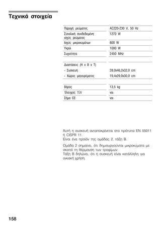 158
Ðáñï÷Þ ñåýìáôïò AC220Ć230 V, 50 Hz
ÓõíïëéêÞ óõíäåäåìÝíç
éó÷ýò ñåýìáôïò
1270 W
Éó÷ýò ìéêñïêõìÜôùí 800 W
Õêñéë 1000 W
Óõ÷íüôçôá 2450 MHz
ÄéáóôÜóåéò (H x B x T)
Ć ÓõóêåõÞ 28,0x46,2x32,0 cm
Ć ×þñïò ìáãåéñÝìáôïò 19,4x29,0x30,0 cm
ÂÜñïò 13,5 kg
¸ëåã÷ïò TÜV íáé
ÓÞìá CE íáé
ÁõôÞ ç óõóêåõÞ áíôáðïêñßíåôáé óôï ðñüôõðï EN 55011
Þ CISPR 11.
Åßíáé Ýíá ðñïúüí ôçò ïìÜäáò 2, ôÜîç B.
ÏìÜäá 2 óçìáßíåé, üôé äçìéïõñãïýíôáé ìéêñïêýìáôá ìå
óêïðü ôç èÝñìáíóç ôùí ôñïößìùí.
ÔÜîç B äçëþíåé, üôé ç óõóêåõÞ åßíáé êáôÜëëçëç ãéá
ïéêéáêÞ ÷ñÞóç.
Ôå÷íéêÜ óôïé÷åßá
 