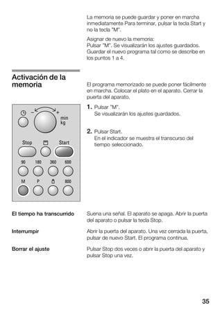 35
La memoria se puede guardar y poner en marcha
inmediatamente Para terminar, pulsar la tecla Start y
no la tecla "M".
Asignar de nuevo la memoria:
Pulsar "M". Se visualizarán los ajustes guardados.
Guardar el nuevo programa tal como se describe en
los puntos 1 a 4.
El programa memorizado se puede poner fácilmente
en marcha. Colocar el plato en el aparato. Cerrar la
puerta del aparato.
1. Pulsar "M".
Se visualizarán los ajustes guardados.
2. Pulsar Start.
En el indicador se muestra el transcurso del
tiempo seleccionado.
Suena una señal. El aparato se apaga. Abrir la puerta
del aparato o pulsar la tecla Stop.
Abrir la puerta del aparato. Una vez cerrada la puerta,
pulsar de nuevo Start. El programa continua.
Pulsar Stop dos veces o abrir la puerta del aparato y
pulsar Stop una vez.
Activación de la
memoria
El tiempo ha transcurrido
Interrumpir
Borrar el ajuste
 