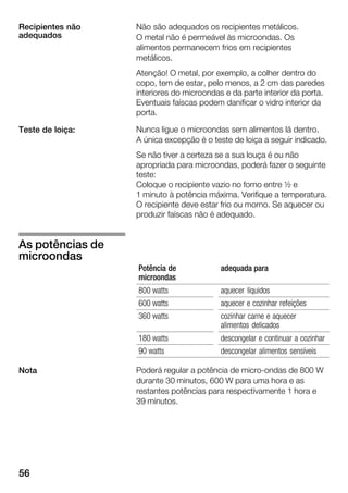 56
Não são adequados os recipientes metálicos.
O metal não é permeável às microondas. Os
alimentos permanecem frios em recipientes
metálicos.
Atenção! O metal, por exemplo, a colher dentro do
copo, tem de estar, pelo menos, a 2 cm das paredes
interiores do microondas e da parte interior da porta.
Eventuais faíscas podem danificar o vidro interior da
porta.
Nunca ligue o microondas sem alimentos lá dentro.
A única excepção é o teste de loiça a seguir indicado.
Se não tiver a certeza se a sua louça é ou não
apropriada para microondas, poderá fazer o seguinte
teste:
Coloque o recipiente vazio no forno entre ½ e
1 minuto à potência máxima. Verifique a temperatura.
O recipiente deve estar frio ou morno. Se aquecer ou
produzir faíscas não é adequado.
Potência de
microondas
adequada para
800 watts aquecer líquidos
600 watts aquecer e cozinhar refeições
360 watts cozinhar carne e aquecer
alimentos delicados
180 watts descongelar e continuar a cozinhar
90 watts descongelar alimentos sensíveis
Poderá regular a potência de microĆondas de 800ĂW
durante 30 minutos, 600 W para uma hora e as
restantes potências para respectivamente 1 hora e
39 minutos.
Recipientes não
adequados
Teste de loiça:
As potências de
microondas
Nota
 