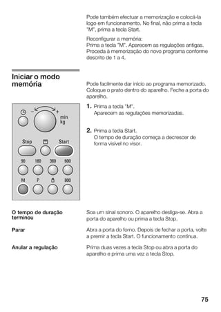 75
Pode também efectuar a memorização e colocáĆla
logo em funcionamento. No final, não prima a tecla
"M", prima a tecla Start.
Reconfigurar a memória:
Prima a tecla "M". Aparecem as regulações antigas.
Proceda à memorização do novo programa conforme
descrito de 1 a 4.
Pode facilmente dar início ao programa memorizado.
Coloque o prato dentro do aparelho. Feche a porta do
aparelho.
1. Prima a tecla "M".
Aparecem as regulações memorizadas.
2. Prima a tecla Start.
O tempo de duração começa a decrescer de
forma visível no visor.
Soa um sinal sonoro. O aparelho desligaĆse. Abra a
porta do aparelho ou prima a tecla Stop.
Abra a porta do forno. Depois de fechar a porta, volte
a premir a tecla Start. O funcionamento continua.
Prima duas vezes a tecla Stop ou abra a porta do
aparelho e prima uma vez a tecla Stop.
Iniciar o modo
memória
O tempo de duração
terminou
Parar
Anular a regulação
 
