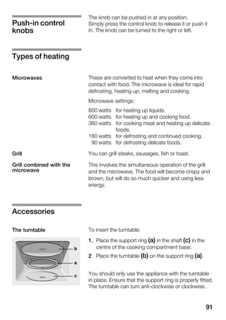 91
The knob can be pushed in at any position.
Simply press the control knob to release it or push it
in. The knob can be turned to the right or left.
These are converted to heat when they come into
contact with food. The microwave is ideal for rapid
defrosting, heating up, melting and cooking.
Microwave settings:
800 watts for heating up liquids.
600 watts for heating up and cooking food.
360 watts for cooking meat and heating up delicate
foods.
180 watts for defrosting and continued cooking.
90 watts for defrosting delicate foods.
You can grill steaks, sausages, fish or toast.
This involves the simultaneous operation of the grill
and the microwave. The food will become crispy and
brown, but will do so much quicker and using less
energy.
To insert the turntable:
1. Place the support ring (a) in the shaft (c) in the
centre of the cooking compartment base.
2 Place the turntable (b) on the support ring (a).
You should only use the appliance with the turntable
in place. Ensure that the support ring is properly fitted.
The turntable can turn antiĆclockwise or clockwise.
PushĆin control
knobs
Types of heating
Microwaves
Grill
Grill combined with the
microwave
Accessories
The turntable
 