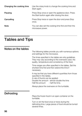 96
Use the rotary knob to change the cooking time and
Start again.
Press Stop once or open the appliance door. Press
the Start button again after closing the door.
Press Stop twice or open the door and press Stop
once.
You can also set the cooking time first and then the
microwave power.
Tables and Tips
The following tables provide you with numerous options
and settings for the microwave.
The times specified in the tables are only guidelines.
They may vary according to the ovenware used, the
quality, temperature and consistency of the food.
Time ranges are often specified in the tables. Set the
shortest time first and then extend the time if
necessary.
It may be that you have different quantities from those
specified in the tables.
A rule of thumb can be applied:
Double the amount Ć almost double the time
Half the amount Ć half the time.
Always place the ovenware on the turntable.
Place the frozen food in an open container on the
turntable.
Turn or stir the food once or twice during the
defrosting time. Large pieces of food should be turned
several times.
Changing the cooking time
Pausing
Cancelling
Note
Notes on the tables
Defrosting
 