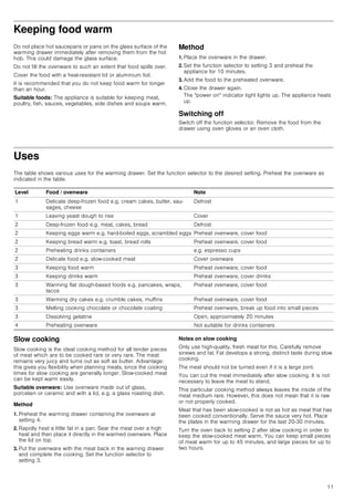 11
Keeping food warm
Do not place hot saucepans or pans on the glass surface of the
warming drawer immediately after removing them from the hot
hob. This could damage the glass surface.
Do not fill the ovenware to such an extent that food spills over.
Cover the food with a heat-resistant lid or aluminium foil.
It is recommended that you do not keep food warm for longer
than an hour.
Suitable foods: The appliance is suitable for keeping meat,
poultry, fish, sauces, vegetables, side dishes and soups warm.
Method
1. Place the ovenware in the drawer.
2. Set the function selector to setting 3 and preheat the
appliance for 10 minutes.
3. Add the food to the preheated ovenware.
4. Close the drawer again.
The power on indicator light lights up. The appliance heats
up.
Switching off
Switch off the function selector. Remove the food from the
drawer using oven gloves or an oven cloth.
Uses
The table shows various uses for the warming drawer. Set the function selector to the desired setting. Preheat the ovenware as
indicated in the table.
Slow cooking
Slow cooking is the ideal cooking method for all tender pieces
of meat which are to be cooked rare or very rare. The meat
remains very juicy and turns out as soft as butter. Advantage:
this gives you flexibility when planning meals, since the cooking
times for slow cooking are generally longer. Slow-cooked meat
can be kept warm easily.
Suitable ovenware: Use ovenware made out of glass,
porcelain or ceramic and with a lid, e.g. a glass roasting dish.
Method
1. Preheat the warming drawer containing the ovenware at
setting 4.
2. Rapidly heat a little fat in a pan. Sear the meat over a high
heat and then place it directly in the warmed ovenware. Place
the lid on top.
3. Put the ovenware with the meat back in the warning drawer
and complete the cooking. Set the function selector to
setting 3.
Notes on slow cooking
Only use high-quality, fresh meat for this. Carefully remove
sinews and fat. Fat develops a strong, distinct taste during slow
cooking.
The meat should not be turned even if it is a large joint.
You can cut the meat immediately after slow cooking. It is not
necessary to leave the meat to stand.
This particular cooking method always leaves the inside of the
meat medium rare. However, this does not mean that it is raw
or not properly cooked.
Meat that has been slow-cooked is not as hot as meat that has
been cooked conventionally. Serve the sauce very hot. Place
the plates in the warming drawer for the last 20-30 minutes.
Turn the oven back to setting 2 after slow cooking in order to
keep the slow-cooked meat warm. You can keep small pieces
of meat warm for up to 45 minutes, and large pieces for up to
two hours.
Level Food / ovenware Note
1 Delicate deep-frozen food e.g. cream cakes, butter, sau-
sages, cheese
Defrost
1 Leaving yeast dough to rise Cover
2 Deep-frozen food e.g. meat, cakes, bread Defrost
2 Keeping eggs warm e.g. hard-boiled eggs, scrambled eggs Preheat ovenware, cover food
2 Keeping bread warm e.g. toast, bread rolls Preheat ovenware, cover food
2 Preheating drinks containers e.g. espresso cups
2 Delicate food e.g. slow-cooked meat Cover ovenware
3 Keeping food warm Preheat ovenware, cover food
3 Keeping drinks warm Preheat ovenware, cover drinks
3 Warming flat dough-based foods e.g. pancakes, wraps,
tacos
Preheat ovenware, cover food
3 Warming dry cakes e.g. crumble cakes, muffins Preheat ovenware, cover food
3 Melting cooking chocolate or chocolate coating Preheat ovenware, break up food into small pieces
3 Dissolving gelatine Open, approximately 20 minutes
4 Preheating ovenware Not suitable for drinks containers
 