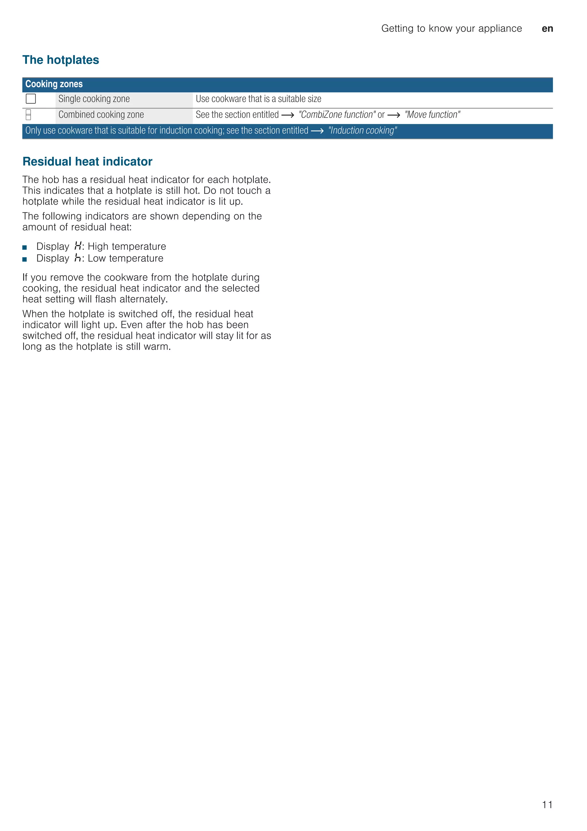 Getting to know your appliance en
11
The hotplates
Residual heat indicator
The hob has a residual heat indicator for each hotplate.
This indicates that a hotplate is still hot. Do not touch a
hotplate while the residual heat indicator is lit up.
The following indicators are shown depending on the
amount of residual heat:
■ Display •: High temperature
■ Display œ: Low temperature
If you remove the cookware from the hotplate during
cooking, the residual heat indicator and the selected
heat setting will flash alternately.
When the hotplate is switched off, the residual heat
indicator will light up. Even after the hob has been
switched off, the residual heat indicator will stay lit for as
long as the hotplate is still warm.
Cooking zones
 Single cooking zone Use cookware that is a suitable size
¯ Combined cooking zone See the section entitled ~ CombiZone function or ~ Move function
Only use cookware that is suitable for induction cooking; see the section entitled ~ Induction cooking
 