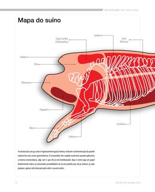 Manual Brasileiro de Cortes Suínos
12 Estrutura da carcaça suína
Aestruturadacarcaçasuínaérigorosamenteigualàbovina,inclusivenadenominaçãodagrande
maioria dos seus cortes gastronômicos. O consumidor tem reagido muito bem quando aplicamos
a mesma nomenclatura, algo com o que ele já está familiarizado. Aqui o nome joga um papel
fundamental: indica ao consumidor possibilidades de uso do produto que ele já conhece, já sabe
preparar, apenas não havia pensado sobre o assunto antes.
Copa-Lombo
(Sobrepaleta)
Orelha
Lombo
Carré
(Bisteca)
Costela
Paleta
Mão
Papada
Máscara
Pele
Mapa do suíno
 