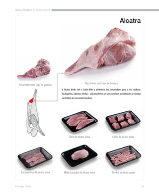 Manual Brasileiro de Cortes Suínos
19Principais Cortes
Alcatra
A Alcatra divide com o Coxão-Mole a preferência dos consumidores para o uso cotidiano.
Escalopinhos,cubinhos,tirinhas–aAlcatraofereceumsemnúmerodepossibilidadesjáinseridas
nos hábitos do consumidor brasileiro.
Peça Inteira com Capa de GorduraPeça inteira sem capa de gordura
Bifes de alcatra suína
Tirinhas de alcatra suínaEscalopinhos de alcatra suína
Cubos de alcatra suína
Miolo (coração) da alcatra suína
 