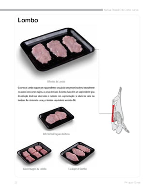 Manual Brasileiro de Cortes Suínos
22 Principais Cortes
Lombo
OscortesdoLomboocupamumespaçonobrenocoraçãodoconsumidorbrasileiro.Naturalmente
encarados como cortes magros, as peças derivadas do Lombo Suíno tem um surpreendente grau
de aceitação, desde que observados os cuidados com a apresentação e o volume de carne nas
bandejas. Na estrutura da carcaça, o lombo é o equivalente ao contra-filé.
Bifinhos de Lombo
Bife Borboleta para Recheio
Cubos Magros de Lombo Escalope de Lombo
 