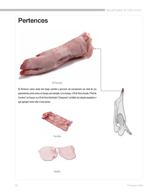 Manual Brasileiro de Cortes Suínos
26 Principais Cortes
Pertences
Os Pertences suínos ainda tem longo caminho a percorrer até encontrarem um nível de uso
gastronômico como vemos na Europa, por exemplo. Lá na Europa, o Pé de Porco Assado (“Pied de
Couchon”,naFrança) ouoPédePorcoRecheado(“Zamponne”,naItália)sãosoluçõespopularese
que agregam muito valor a estas partes.
PéTraseiro
Orelha
Focinho
 