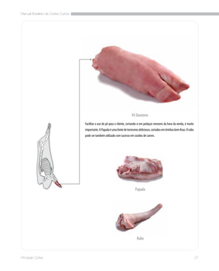 Manual Brasileiro de Cortes Suínos
27Principais Cortes
Facilitar o uso do pé para o cliente, cortando-o em pedaços menores da hora da venda, é muito
importante.APapadaéumafontedetorresmosdeliciosos,cortadosemtirinhasbemfinas.Orabo
pode ser também utilizado com sucesso em cozidos de carnes.
Pé Dianteiro
Rabo
Papada
 
