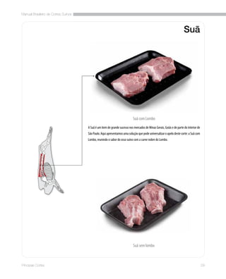 Manual Brasileiro de Cortes Suínos
29Principais Cortes
A Suã é um item de grande sucesso nos mercados de Minas Gerais, Goiás e de parte do interior de
SãoPaulo.Aquiapresentamosumasoluçãoquepodeuniversalizaroapelodestecorte:aSuãcom
Lombo, reunindo o sabor do osso suíno com a carne nobre do Lombo.
Suã com Lombo
Suã sem lombo
Suã
 