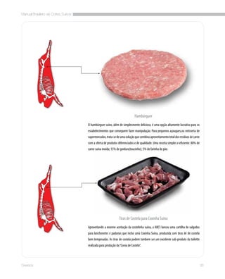 Manual Brasileiro de Cortes Suínos
35Diversos
O hambúrguer suíno, além de simplesmente delicioso, é uma opção altamente lucrativa para os
estabelecimentos que conseguem fazer manipulação. Para pequenos açougues,ou rotisseria de
supermercados,trata-sedeumasoluçãoquecombinaaproveitamentototaldosresíduosdecarne
com a oferta de produtos diferenciados e de qualidade. Uma receita simples e eficiente: 80% de
carne suína moída; 15% de gordura(toucinho); 5% de farinha de pão.
Hambúrguer
Tiras de Costela para Coxinha Suína
Aproveitando a enorme aceitação da costelinha suína, a ABCS lancou uma cartilha de salgados
para lanchonetes e padarias que inclui uma Coxinha Suína, produzida com tiras de de costela
bem temperadas. As tiras de costela podem tambem ser um excelente sub-produto da toilette
realizada para produção da“Coroa de Costela”.
 