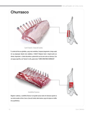 Manual Brasileiro de Cortes Suínos
42 Usos Culinários
Churrasco
É a estrela da festa nas gôndolas, a peça mais vendedora. Compensa largamente o tempo usado
em sua preparação. Quanto mais cuidadosa a “toilette” (limpeza) maior o impacto junto aos
clientes. Importante: o  cliente desconhece o potencial de uso da carne suína no churrasco. Criar
um espaço específico, com“banners”ou fita, ajuda muito:“CARNE SUÍNA PARA CHURRASCO”.
Elegante e saborosa, a costelinha francesa é um grande sucesso tanto em churrascos quanto na
sua versão assada no forno. Como a Coroa de Costela, ideal marinar a peça de véspera no molho
de sua preferência.
Carré Francês / Coroa de Costela
Costelinha Francesa
 