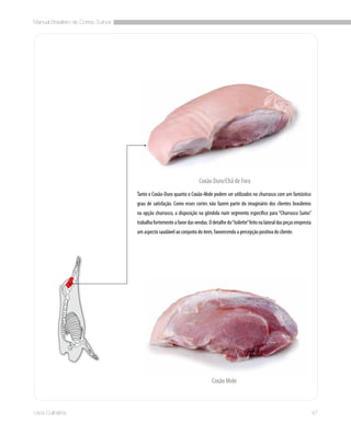 Manual Brasileiro de Cortes Suínos
47Usos Culinários
Coxão Mole
Coxão Duro/Chã de Fora
Tanto o Coxão-Duro quanto o Coxão-Mole podem ser utilizados no churrasco com um fantástico
grau de satisfação. Como esses cortes não fazem parte do imaginário dos clientes brasileiros
na opção churrasco, a disposição na gôndola num segmento específico para “Churrasco Suíno”
trabalhafortementeafavordasvendas.Odetalhedo“toilette”feitonalateraldaspeçasempresta
um aspecto saudável ao conjunto do item, favorecendo a percepção positiva do cliente.
 