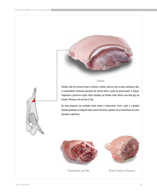 Manual Brasileiro de Cortes Suínos
49Usos Culinários
Famílias cada vez menores levam os clientes a rejeitar cada vez mais as peças volumosas. Mas,
os consumidores continuam gostando das receitas feitas a partir do pernil assado. A solução:
fragmentar o pernil em seções. Neste exemplo, um Patinho Suíno oferece uma bela peça de
Assado a Pururuca, com cerca de 2,5 Kg.
Na outra proposta, um resultado muito vistoso e interessante. Corte a pele e a gordura
fazendo quadrados ao longo de todo o pernil. No forno, a gordura vai se transformar em nacos
dourados e apetitosos.
Pernil: Estrelas de PururucaPernil Inteiro com Pele
Patinho
 