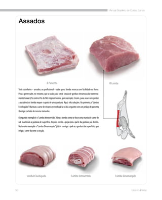 Manual Brasileiro de Cortes Suínos
50 Usos Culinários
Todo cozinheiro – amador, ou profissional – sabe que o lombo resseca com facilidade no forno.
Pouca gente sabe, no entanto, que a razão para isto é a taxa de gordura intramuscular extrema-
mente baixa (2% contra 4% do filé mignon bovino, por exemplo). Assim, para assar sem perder
a suculência o lombo requer o apoio de uma gordura. Aqui, três soluções. Na primeira,o“Lombo
Envelopado”.Marinaracarnedevésperaeenvelopá-lanodiaseguintecomumpedaçodepancetta
(barriga)cortado do mesmo tamanho.
Osegundoexemploéo“LomboIntrovertido”.Abraolombocomosefosseumamantadecarnede
sol, mantendo a gordura de superfície. Depois, enrole a peça com a parte da gordura por dentro.
No terceiro exemplo o“Lombo Dinamarquês”já trás consigo a pele e a gordura de superfície, que
irriga a carne durante a cocção.
A Pancetta O Lombo
Lombo IntrovertidoLombo Envelopado Lombo Dinamarquês
Assados
 