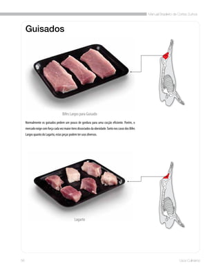 Manual Brasileiro de Cortes Suínos
56 Usos Culinários
Guisados
Normalmente os guisados pedem um pouco de gordura para uma cocção eficiente. Porém, o
mercadoexigecomforçacadavezmaioritensdissociadosdaobesidade.TantonoscasosdosBifes
Largos quanto do Lagarto, estas peças podem ter usos diversos.
Bifes Largos para Guisado
Lagarto
 