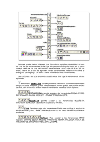 También posee menús laterales que son nuevas opciones accesibles a través
de una de las herramientas de la caja. Un pequeño triángulo negro en la parte
inferior derecha de una herramienta determinada, indica que se trata de un
menú lateral en el que se agrupan varias herramientas. Presionando sobre el
triángulo, se despliega un menú lateral mostrando más herramientas.
Las funciones a las que tendremos acceso desde esta caja de herramientas son las
siguientes:
Herramienta SELECCIÓN: con ella podremos seleccionar a voluntad determinados
dibujos, trazados, imágenes, y otros componentes de nuestro gráfico, bien picando encima
de ellos, bien arrastrando el ratón mientras mantenemos pulsado el botón izquierdo.
EDITAR FORMA: permite acceder a las herramientas FORMA, PINCEL
DEFORMADOR, PINCEL AGRESTE, y TRANSFORMACIÓN LIBRE.
RECORTAR: permita acceder a las herramientas RECORTAR,
CUCHILLO, BORRADOR y ELIMINAR SEGMENTO VIRTUAL.
ZOOM: Permite acceder a las herramientas ZOOM para modificar la amplitud de
visualización del gráfico y MANO para desplazarnos por las zonas del gráfico previamente
ampliadas.
CURVAS: Para acceder a las herramientas MANO
ALZADA, CURVAS BEZIER, MEDIOS ARTÍSTICOS, PLUMA, POLILÍNEA, CURVA DE
TRES PUNTOS, CONEXIÓN INTERACTIVA y COTAS.
 