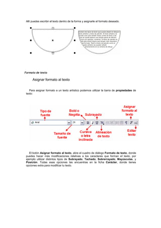 Allí puedes escribir el texto dentro de la forma y asignarle el formato deseado.
Formato de texto
Asignar formato al texto
Para asignar formato a un texto artístico podemos utilizar la barra de propiedades de
texto:
El botón Asignar formato al texto, abre el cuadro de diálogo Formato de texto, donde
puedes hacer más modificaciones relativas a los caracteres que forman el texto, por
ejemplo utilizar distintos tipos de Subrayado, Tachado, Sobrerrayado, Mayúsculas, y
Posición. Todas esas opciones las encuentras en la ficha Carácter, donde tienes
opciones extra para modificar tu texto.
 