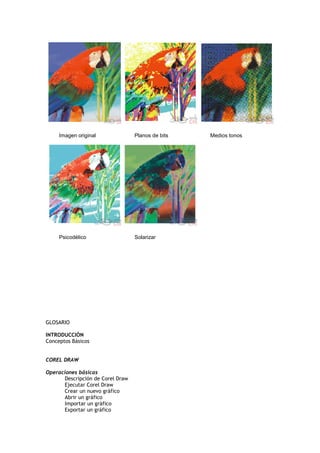 Imagen original Planos de bits Medios tonos
Psicodélico Solarizar
GLOSARIO
INTRODUCCIÓN
Conceptos Básicos
COREL DRAW
Operaciones básicas
Descripción de Corel Draw
Ejecutar Corel Draw
Crear un nuevo gráfico
Abrir un gráfico
Importar un gráfico
Exportar un gráfico
 
