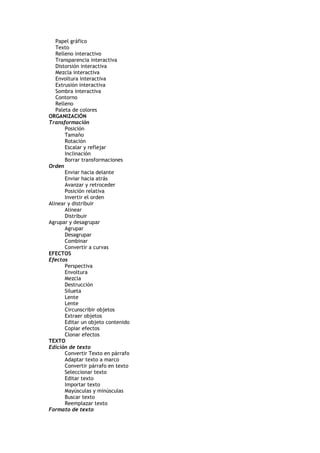 Papel gráfico
Texto
Relleno interactivo
Transparencia interactiva
Distorsión interactiva
Mezcla interactiva
Envoltura interactiva
Extrusión interactiva
Sombra interactiva
Contorno
Relleno
Paleta de colores
ORGANIZACIÓN
Transformación
Posición
Tamaño
Rotación
Escalar y reflejar
Inclinación
Borrar transformaciones
Orden
Enviar hacia delante
Enviar hacia atrás
Avanzar y retroceder
Posición relativa
Invertir el orden
Alinear y distribuir
Alinear
Distribuir
Agrupar y desagrupar
Agrupar
Desagrupar
Combinar
Convertir a curvas
EFECTOS
Efectos
Perspectiva
Envoltura
Mezcla
Destrucción
Silueta
Lente
Lente
Circunscribir objetos
Extraer objetos
Editar un objeto contenido
Copiar efectos
Clonar efectos
TEXTO
Edición de texto
Convertir Texto en párrafo
Adaptar texto a marco
Convertir párrafo en texto
Seleccionar texto
Editar texto
Importar texto
Mayúsculas y minúsculas
Buscar texto
Reemplazar texto
Formato de texto
 