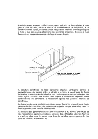 A estrutura com tesouras pré-fabricadas, como indicado na figura abaixo, é mais
prática para ser feita, depende menos de conhecimentos de carpintaria, é de
construção mais rápida, dispensa apoios nas paredes internas, provê suporte para
o forro e sua colocação praticamente não demanda andaimes. Seu uso é mais
favorável em casas retangulares e telhado em duas águas.
A estrutura construída no local apresenta algumas vantagens: permite o
aproveitamento do espaço entre o telhado e o forro, a construção de forros
inclinados a construção de telhados em quatro águas e outras variações, tais
como águas furtadas. No entanto seu projeto e construção requerem maior
conhecimento de carpintaria. e necessitam apoios nas paredes internas da
construção.
As tesouras são uma montagem de várias peças formando uma estrutura rígida,
geralmente de forma triangular, capazes de suportar cargas sobre vãos mais ou
menos grandes, sem suporte intermediário.
As tesouras são geralmente usadas em vãos entre 6 e 12 metros. Em virtude de
não necessitar de apoio intermediário, o interior das edificações são mais flexíveis
e a própria obra pode tornar-se uma área de trabalho para a construção das
paredes internas, acabamento etc.
 