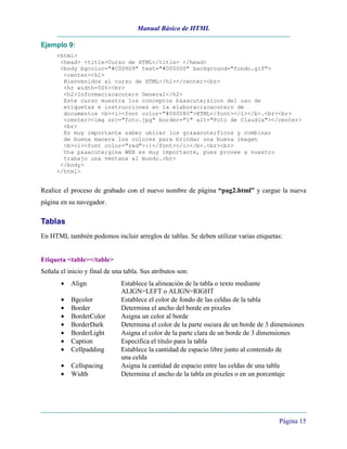 Manual Básico de HTML
Página 15
Ejemplo 9:
<html>
<head> <title>Curso de HTML</title> </head>
<body bgcolor="#C0D9D9" text="#000000" background="fondo.gif">
<center><h1>
Bienvenidos al curso de HTML</h1></center><br>
<hr width=50%><br>
<h2>Informaci&oacute;n General</h2>
Este curso muestra los conceptos b&aacute;sicos del uso de
etiquetas e instrucciones en la elaboraci&oacute;n de
documentos <b><i><font color="#000080">HTML</font></i></b>.<br><br>
<center><img src="foto.jpg" border="1" alt="Foto de Claudia"></center>
<br>
Es muy importante saber ubicar los gr&aacute;ficos y combinar
de buena manera los colores para brindar una buena imagen
<b><i><font color="red">:)</font></i></b>.<br><br>
Una p&aacute;gina WEB es muy importante, pues provee a nuestro
trabajo una ventana al mundo.<br>
</body>
</html>
Realice el proceso de grabado con el nuevo nombre de página “pag2.html” y cargue la nueva
página en su navegador.
Tablas
En HTML también podemos incluir arreglos de tablas. Se deben utilizar varias etiquetas:
Etiqueta <table></table>
Señala el inicio y final de una tabla. Sus atributos son:
• Align Establece la alineación de la tabla o texto mediante
ALIGN=LEFT o ALIGN=RIGHT
• Bgcolor Establece el color de fondo de las celdas de la tabla
• Border Determina el ancho del borde en pixeles
• BorderColor Asigna un color al borde
• BorderDark Determina el color de la parte oscura de un borde de 3 dimensiones
• BorderLight Asigna el color de la parte clara de un borde de 3 dimensiones
• Caption Especifica el titulo para la tabla
• Cellpadding Establece la cantidad de espacio libre junto al contenido de
una celda
• Cellspacing Asigna la cantidad de espacio entre las celdas de una tabla
• Width Determina el ancho de la tabla en pixeles o en un porcentaje
 