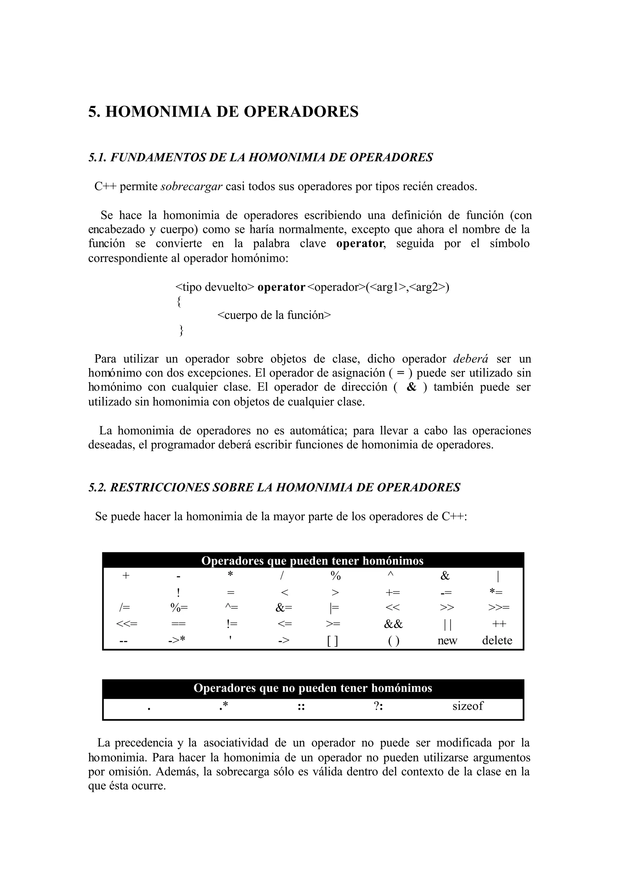 5. HOMONIMIA DE OPERADORES
5.1. FUNDAMENTOS DE LA HOMONIMIA DE OPERADORES
C++ permite sobrecargar casi todos sus operadores por tipos recién creados.
Se hace la homonimia de operadores escribiendo una definición de función (con
encabezado y cuerpo) como se haría normalmente, excepto que ahora el nombre de la
función se convierte en la palabra clave operator, seguida por el símbolo
correspondiente al operador homónimo:
<tipo devuelto> operator <operador>(<arg1>,<arg2>)
{
<cuerpo de la función>
}
Para utilizar un operador sobre objetos de clase, dicho operador deberá ser un
homónimo con dos excepciones. El operador de asignación ( = ) puede ser utilizado sin
homónimo con cualquier clase. El operador de dirección ( & ) también puede ser
utilizado sin homonimia con objetos de cualquier clase.
La homonimia de operadores no es automática; para llevar a cabo las operaciones
deseadas, el programador deberá escribir funciones de homonimia de operadores.

5.2. RESTRICCIONES SOBRE LA HOMONIMIA DE OPERADORES
Se puede hacer la homonimia de la mayor parte de los operadores de C++:

+
∼
/=
<<=
--

!
%=
==
->*

.

Operadores que pueden tener homónimos
*
/
%
^
=
<
>
+=
^=
&=
|=
<<
!=
<=
>=
&&
'
->
[]
()

Operadores que no pueden tener homónimos
.*
::
?:

&
-=
>>
||
new

|
*=
>>=
++
delete

sizeof

La precedencia y la asociatividad de un operador no puede ser modificada por la
homonimia. Para hacer la homonimia de un operador no pueden utilizarse argumentos
por omisión. Además, la sobrecarga sólo es válida dentro del contexto de la clase en la
que ésta ocurre.

 
