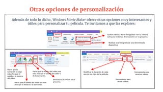 Otras opciones de personalización
Además de todo lo dicho, Windows Movie Maker ofrece otras opciones muy interesantes y
útiles para personalizar tu película. Te invitamos a que las explores:
Grabar vídeos o hacer fotografías con tu cámara
web para incluirlas directamente en tu proyecto.
Realizar una fotografía de una determinada
diapositiva.
Hacer que la
narración se oiga
más alto que el
sonido o la música
del vídeo.
Hacer que el sonido del vídeo sea más
alto que la música o la narración.
Hacer que la música del vídeo sea
más alta que el sonido del vídeo o
de la narración.
Desactivar el énfasis en el
proyecto.
Modificar la duración de cada
uno de los clips de la película.
Herramienta para
recortar vídeos.
Herramienta para
dividir vídeos.
 