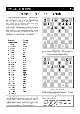 MANUAL BÁSICO DE XADREZ                                                                                           12
                       Reconstituição                               de            Partida
   Conhecer a movimentação das peças e como anotar uma
partida são pontos fundamentais para que se possa aproveitar
bem o jogo de xadrez. Uma vez que estes conceitos estejam
bem fixados, todo o aprendizado será facilitado e o iniciante
estará podendo jogar em pouquíssimo tempo. Estude bem o
que foi visto até aqui antes de prosseguir.
   Agora, você vai refazer uma partida completa e poderá fixar
o que aprendeu sobre anotação, movimento das peças,
capturas, ataque e defesa e será brindado no final com um
xeque-mate de rara beleza. Reproduza a partida com bastante
calma, quantas vezes forem necessárias até ter certeza de que
assimilou bem o processo descritivo de anotação, pois daqui
para a frente, ele será utilizado para todos os tópicos.



    Brancas                     Pretas
    Capablanca                  Steiner
    1 - P4R                     P4R
    2 - C3BR                    C3BD
    3 - C3B                     C3B
    4 - B5C                     B5C                                               Posição após 10 - B4BD.
                                                                 Confira se a posição coincide com a de sua reconstituição.
    5 - O-O                     O-O                              Caso contrário, reinicie com bastante atenção, voltando ao
    6 - P3D                     P3D                                       texto explicativo sempre que necessário
    7 - B5C                     BxC
    8 - PxB                     C2R
    9 - C4T                     P3B
    10 - B4BD                   B3R
    11 - BxC                    PxB
    12 - BxB                    PxB
    13 - D4C+                   R2B
    14 - P4BR                   T1CR
    15 - D5T+                   R2C
    16 - PxP                    PDxP
    17 - TxP                    RxT
    18 - T1B                    C4B
    19 - CxC                    PxC
    20 - TxP+                   R2R
    21 - D7B+                   R3D
    22 - T6B+                   R4B
    23 - DxPC                   D3C                                                Posição após 18 - T1B+
    24 - TxP+                                                    O Rei preto está em uma situação bem delicada, exposto ao
                                DxT                              forte ataque adversário, enquanto suas Torres e sua Dama
    25 - D4C++                                                                nada podem fazer para socorrê-lo

    Notação Forsyth: é um sistema para se anotar a posição       Para anotar a posição das peças nos diagramas acima
 das peças em um tabuleiro. Anota-se a posição de cada peça      teríamos, respectivamente:
 em uma linha, a partir da primeira linha das pretas, da
 esquerda para a direita. As casas vazias são representadas
                                                                     t1bd1tr - pp2cppp - 2pp1c2 - 4p1B1 - 2B1P2C
 por um número. As peças são indicadas por suas letras           - 2PP4 - P1P2PPP - T2D1TR1; e
 iniciais escritas em maiúsculas para as peças brancas e em          t2d2t1 - pp2c2p - 2p1pr2 - 4p2D - 4P2C - 2PP4
 minúsculas para as pretas. As linhas são separadas por “-”.     - P1P3PP - 5TR1.
 