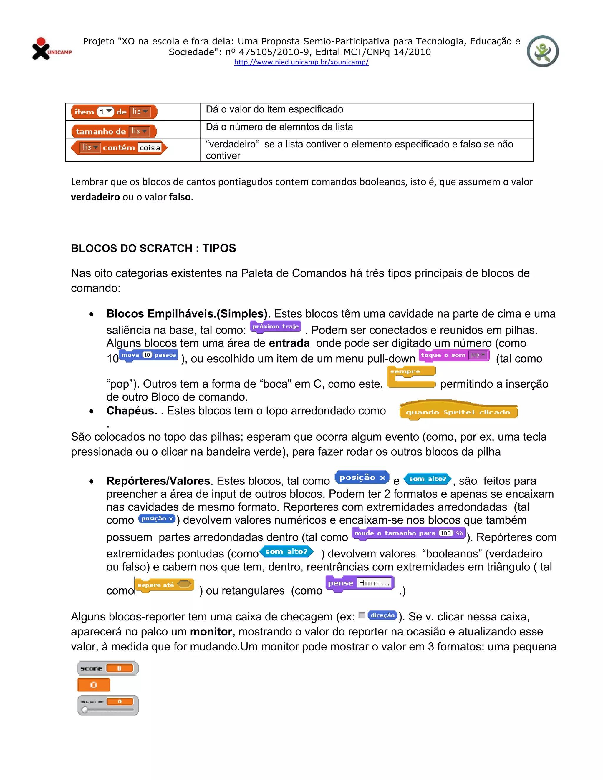 Projeto "XO na escola e fora dela: Uma Proposta Semio-Participativa para Tecnologia, Educação e
                      Sociedade": nº 475105/2010-9, Edital MCT/CNPq 14/2010
                                    http://www.nied.unicamp.br/xounicamp/ 


 

                              Dá o valor do item especificado
                              Dá o número de elemntos da lista
                              “verdadeiro“ se a lista contiver o elemento especificado e falso se não
                              contiver
 
Lembrar que os blocos de cantos pontiagudos contem comandos booleanos, isto é, que assumem o valor 
verdadeiro ou o valor falso. 

 

BLOCOS DO SCRATCH : TIPOS

Nas oito categorias existentes na Paleta de Comandos há três tipos principais de blocos de
comando:

     •   Blocos Empilháveis.(Simples). Estes blocos têm uma cavidade na parte de cima e uma
         saliência na base, tal como:            . Podem ser conectados e reunidos em pilhas.
         Alguns blocos tem uma área de entrada onde pode ser digitado um número (como
         10             ), ou escolhido um item de um menu pull-down                (tal como

       “pop”). Outros tem a forma de “boca” em C, como este,              permitindo a inserção
       de outro Bloco de comando.
   • Chapéus. . Estes blocos tem o topo arredondado como
       .
São colocados no topo das pilhas; esperam que ocorra algum evento (como, por ex, uma tecla
pressionada ou o clicar na bandeira verde), para fazer rodar os outros blocos da pilha

     •   Repórteres/Valores. Estes blocos, tal como              e          , são feitos para
         preencher a área de input de outros blocos. Podem ter 2 formatos e apenas se encaixam
         nas cavidades de mesmo formato. Reporteres com extremidades arredondadas (tal
         como         ) devolvem valores numéricos e encaixam-se nos blocos que também
         possuem partes arredondadas dentro (tal como                         ). Repórteres com
         extremidades pontudas (como               ) devolvem valores “booleanos” (verdadeiro
         ou falso) e cabem nos que tem, dentro, reentrâncias com extremidades em triângulo ( tal

         como                ) ou retangulares (como                         .)

Alguns blocos-reporter tem uma caixa de checagem (ex:         ). Se v. clicar nessa caixa,
aparecerá no palco um monitor, mostrando o valor do reporter na ocasião e atualizando esse
valor, à medida que for mudando.Um monitor pode mostrar o valor em 3 formatos: uma pequena
 
