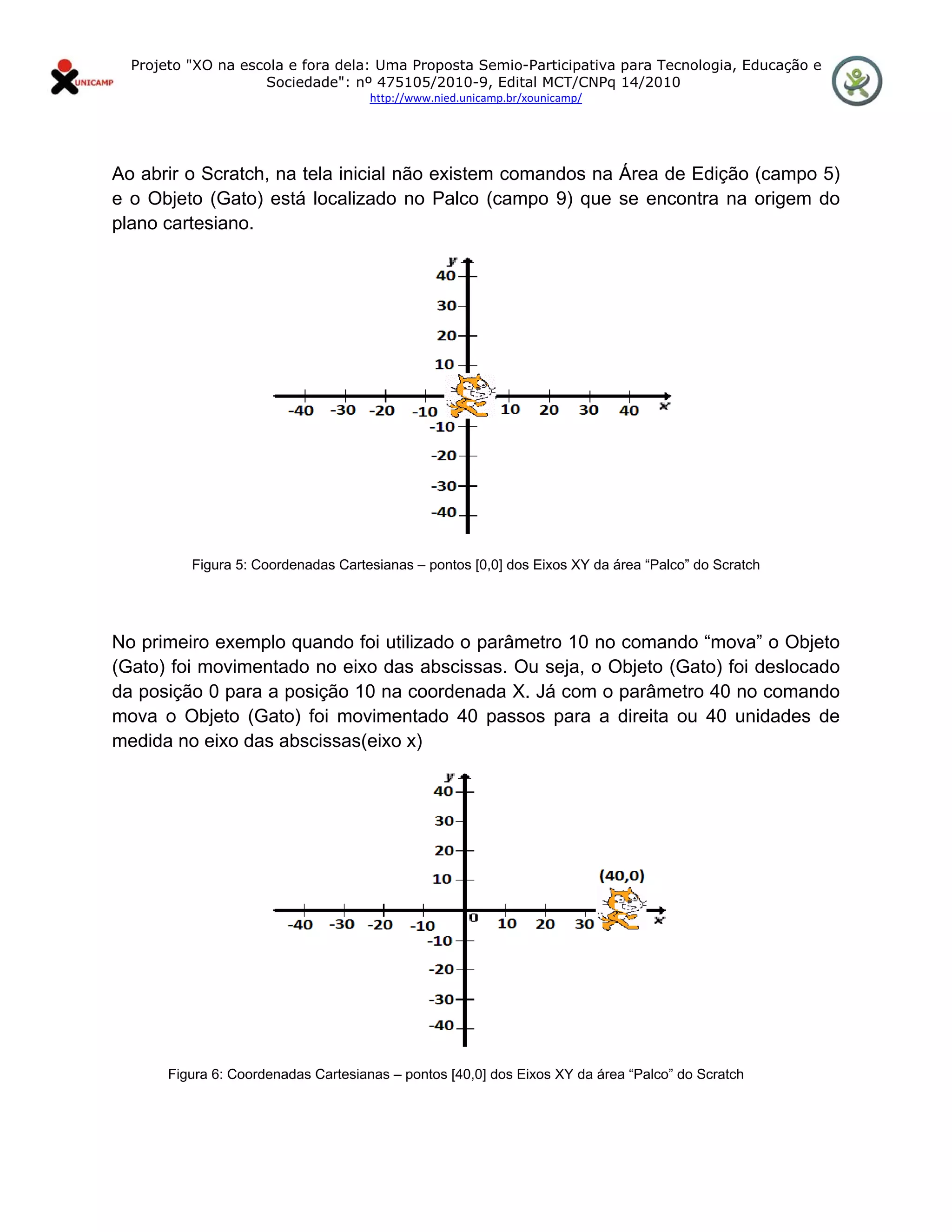 Projeto "XO na escola e fora dela: Uma Proposta Semio-Participativa para Tecnologia, Educação e
                      Sociedade": nº 475105/2010-9, Edital MCT/CNPq 14/2010
                                        http://www.nied.unicamp.br/xounicamp/ 


 

Ao abrir o Scratch, na tela inicial não existem comandos na Área de Edição (campo 5)
e o Objeto (Gato) está localizado no Palco (campo 9) que se encontra na origem do
plano cartesiano.




            Figura 5: Coordenadas Cartesianas – pontos [0,0] dos Eixos XY da área “Palco” do Scratch




No primeiro exemplo quando foi utilizado o parâmetro 10 no comando “mova” o Objeto
(Gato) foi movimentado no eixo das abscissas. Ou seja, o Objeto (Gato) foi deslocado
da posição 0 para a posição 10 na coordenada X. Já com o parâmetro 40 no comando
mova o Objeto (Gato) foi movimentado 40 passos para a direita ou 40 unidades de
medida no eixo das abscissas(eixo x)




         Figura 6: Coordenadas Cartesianas – pontos [40,0] dos Eixos XY da área “Palco” do Scratch
 