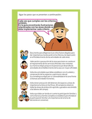 Sigue los pasos que se presentan a continuación: 
Cada vez que cumplas con los criterios, 
señálalo. 
En la guía encontrarás ilustraciones 
relacionadas con las áreas donde se 
debe implementar cada criterio. 
Documento para diligenciar (Los niños fueron elegidos para 
dar importancia a la educación en la infancia y la repercusión 
en el fortalecimiento de las actividades de cada área). 
Adecuación o precaución de la zona para tener en cuenta en 
el mejoramiento de los servicios ofrecidos a los visitantes 
(La mamá se eligió porque es la persona que desarrolla las 
actividades de embellecimiento de la casa con mayor afinidad). 
Indica las actividades que debes establecer con el cuidado y 
conservación de los espacios y patrimonio natural. 
(La comadreja se eligió por su vulnerabilidad en la zona frente 
a diversas actividades humanas). 
Indica tener precaución del deterioro de espacios y áreas de 
importancia turística en las fincas. (El campesino estará en 
todas las áreas de producción agrícola y ganadera asociándolo 
a las labores del campo). 
Indica que debe ser tenida en cuenta la participación familiar y 
comunitaria (La familia completa se estableció para fortalecer 
la participación familiar y la importancia de la toma de 
decisiones en consenso). 
9 
 