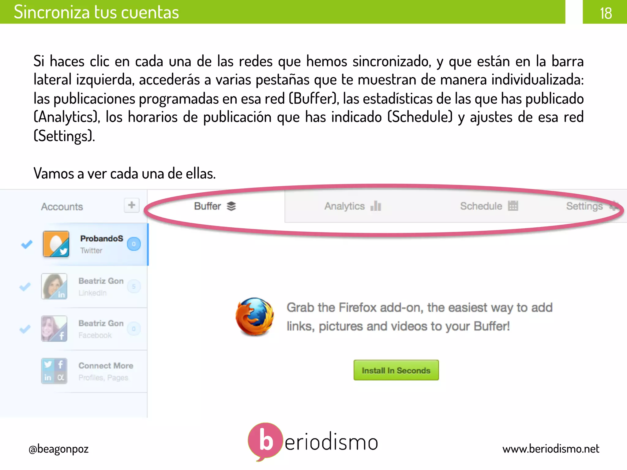 18
@beagonpoz www.beriodismo.net
Sincroniza tus cuentas
Si haces clic en cada una de las redes que hemos sincronizado, y que están en la barra
lateral izquierda, accederás a varias pestañas que te muestran de manera individualizada:
las publicaciones programadas en esa red (Buffer), las estadísticas de las que has publicado
(Analytics), los horarios de publicación que has indicado (Schedule) y ajustes de esa red
(Settings).
Vamos a ver cada una de ellas.
 