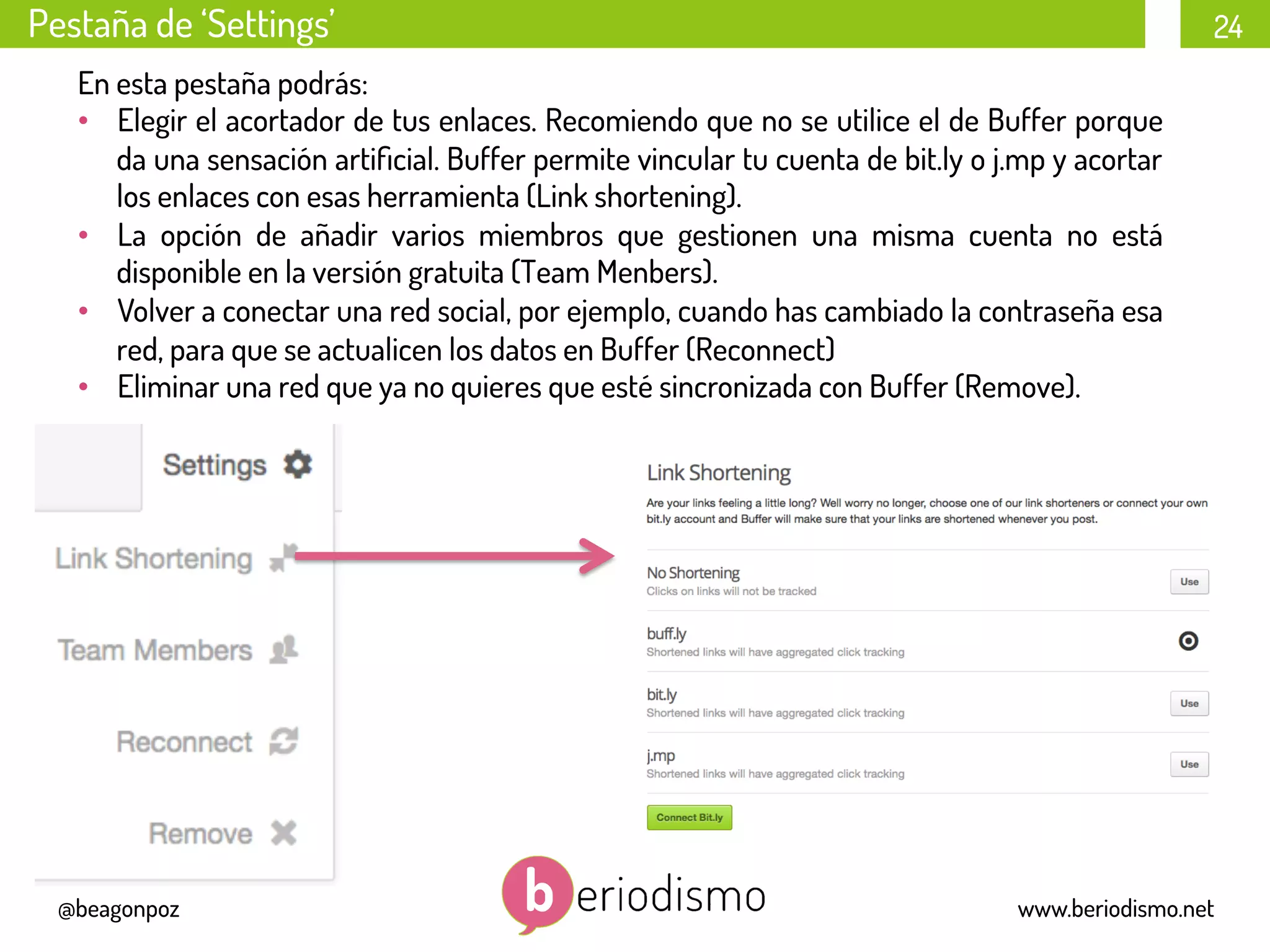 24
@beagonpoz www.beriodismo.net
Pestaña de ‘Settings’
En esta pestaña podrás:
•  Elegir el acortador de tus enlaces. Recomiendo que no se utilice el de Buffer porque
da una sensación artiﬁcial. Buffer permite vincular tu cuenta de bit.ly o j.mp y acortar
los enlaces con esas herramienta (Link shortening).
•  La opción de añadir varios miembros que gestionen una misma cuenta no está
disponible en la versión gratuita (Team Menbers).
•  Volver a conectar una red social, por ejemplo, cuando has cambiado la contraseña esa
red, para que se actualicen los datos en Buffer (Reconnect)
•  Eliminar una red que ya no quieres que esté sincronizada con Buffer (Remove).
 