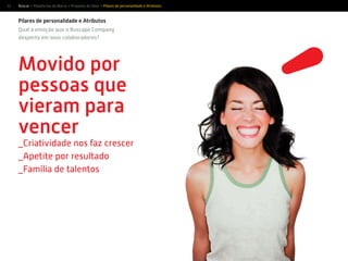 13
Movido por
pessoas que
vieram para
vencer
_Criatividade nos faz crescer
_Apetite por resultado
_Família de talentos
Qual a emoção que o Buscapé Company
desperta em seus colaboradores?
Pilares de personalidade e Atributos
Buscar > Plataforma da Marca > Proposta de Valor > Pilares de personalidade e Atributos
 