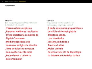 26
Posicionamento
Buscar > Plataforma da Marca > Posicionamento
Diferenciais
Quais são as vantagens competitivas / diferenciais
da Marca dentro do mercado?
_Fazemos bons negócios
_Geramos melhores resultados
_Única plataforma completa de
Digital Commerce
_Melhor experiência de
consumo: amigável e simples
_Time de talentos e experts
com conhecimento local
_Entendemos o universo
do consumidor
Credenciais
Por que o cliente acredita que a Marca tem
credenciais para cumprir o que promete?
_É parte de um dos grupos líderes
de mídia e internet globais
_Trajetória sólida,
com resultados
_Presença em toda a
América Latina
_Maior time de
desenvolvimento de tecnologia
da internet na América Latina
 
