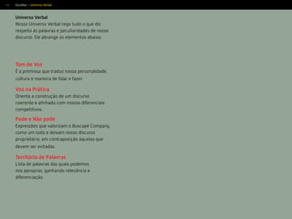 43
Tom de Voz
É a premissa que traduz nossa personalidade,
cultura e maneira de falar e fazer.
Voz na Prática
Orienta a construção de um discurso
coerente e alinhado com nossos diferenciais
competitivos.
Pode e Não pode
Expressões que valorizam o Buscapé Company
como um todo e deixam nosso discurso
proprietário, em contraposição àquelas que
devem ser evitadas.
Território de Palavras
Lista de palavras das quais podemos
nos apropriar, ganhando relevância e
diferenciação.
Universo Verbal
Nosso Universo Verbal rege tudo o que diz
respeito às palavras e peculiaridades de nosso
discurso. Ele abrange os elementos abaixo:
Escolher > Universo Verbal
 