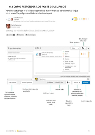 18GUIA DE USO |
	
6.2	COMO	RESPONDER	LOS	POSTS	DE	USUARIOS	
	
Para	interactuar	con	el	usuario	que	comentó	o	mandó	mensaje	para	la	marca,	clique	
en	el	icono	 	que	figura	en	el	lado	derecho	de	cada	post.	
	
Etiquetar	el	post	
del	usuario.	
Otras	acciones.	
	
	
	
	
	
	
	
	
	
	
	
	
	
	
	
	
	
	
	
	
	
	
	
	
	
	
	
	
	
	
Cree	respuestas	
automáticas	para	
preguntas	frecuentes	
para	ganar	tiempo.	
Gestionar	las	respuestas	
	guardadas.			
	 	 																											Añadir	una	imagen																																																																																																											
Acortar	links.	 Defina	si	su	
respuesta	será	
pública	o	mediante	
mensaje	privado.	
(funciona	para	
Twitter	Social	
CRM).	
Etiquete	la	
respuesta	de	la	
marca	
Enviar	respuesta.	
 