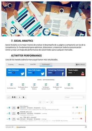 24GUIA DE USO |
	
	
	
7.	SOCIAL	ANALYTICS	
	
Social	Analytics	es	la	mejor	manera	de	analizar	el	desempeño	de	su	página	y	compararla	con	las	de	la	
competencia.	Es	fundamental	para	optimizar,	direccionar	y	maximizar	toda	la	comunicación	
online	y	crear	un	mapa	de	performance	de	social	media	para	cualquier	mercado.	
	
	
A)	TWITTER	PERFORMANCE	
	
Lista	de	los	tweets	sobre	la	marca	que	fueron	más	retuiteados.	
	
	
 