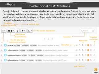 Twitter Social CRM: Mentions 
Debajo del gráfico, se encuentran todas las menciones de la marca. Encima de las menciones, ...