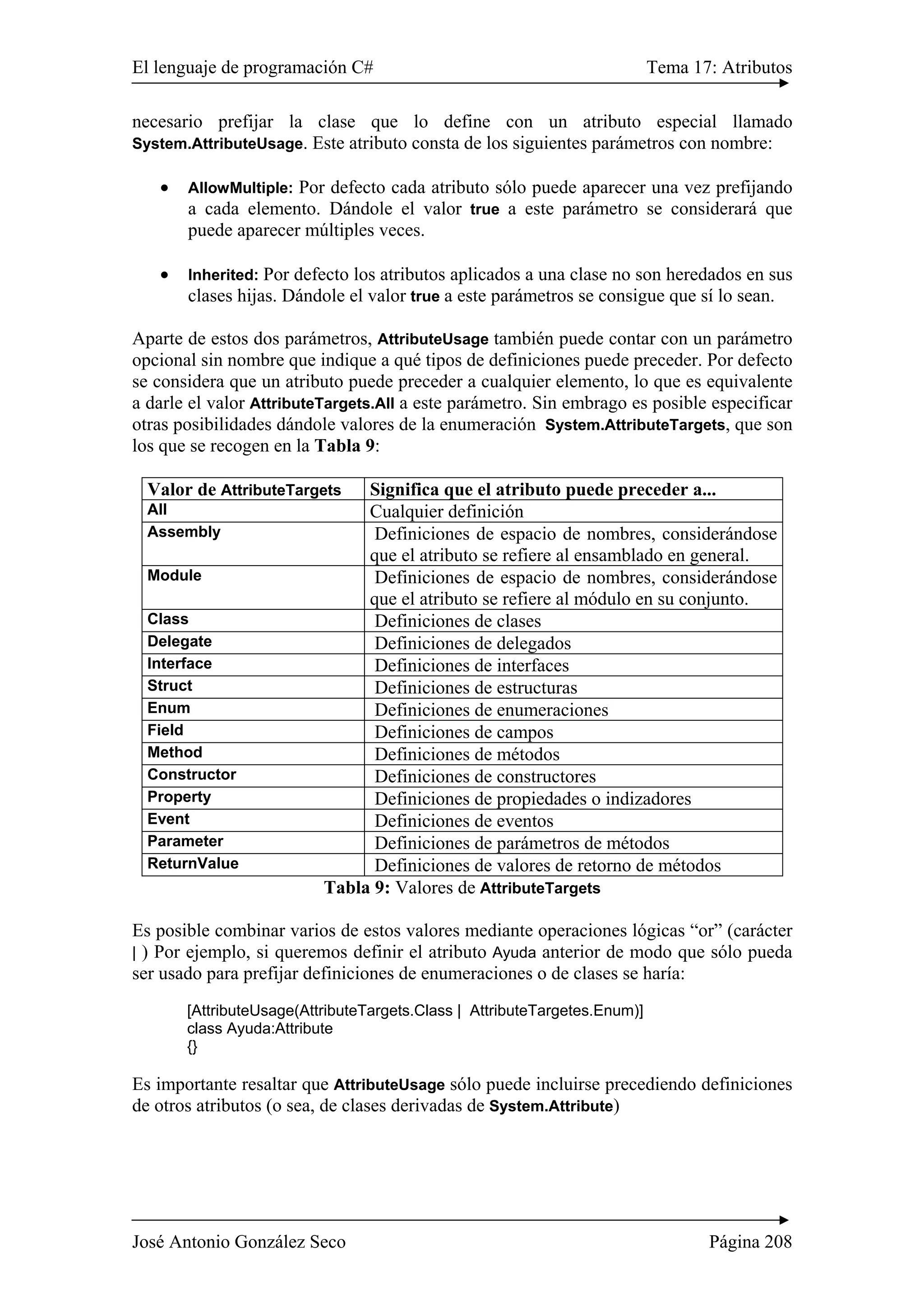 El lenguaje de programación C# Tema 17: Atributos 
necesario prefijar la clase que lo define con un atributo especial llamado 
System.AttributeUsage. Este atributo consta de los siguientes parámetros con nombre: 
• AllowMultiple: Por defecto cada atributo sólo puede aparecer una vez prefijando 
a cada elemento. Dándole el valor true a este parámetro se considerará que 
puede aparecer múltiples veces. 
• Inherited: Por defecto los atributos aplicados a una clase no son heredados en sus 
clases hijas. Dándole el valor true a este parámetros se consigue que sí lo sean. 
Aparte de estos dos parámetros, AttributeUsage también puede contar con un parámetro 
opcional sin nombre que indique a qué tipos de definiciones puede preceder. Por defecto 
se considera que un atributo puede preceder a cualquier elemento, lo que es equivalente 
a darle el valor AttributeTargets.All a este parámetro. Sin embrago es posible especificar 
otras posibilidades dándole valores de la enumeración System.AttributeTargets, que son 
los que se recogen en la Tabla 9: 
Valor de AttributeTargets Significa que el atributo puede preceder a... 
All Cualquier definición 
Assembly Definiciones de espacio de nombres, considerándose 
que el atributo se refiere al ensamblado en general. 
Module Definiciones de espacio de nombres, considerándose 
que el atributo se refiere al módulo en su conjunto. 
Class Definiciones de clases 
Delegate Definiciones de delegados 
Interface Definiciones de interfaces 
Struct Definiciones de estructuras 
Enum Definiciones de enumeraciones 
Field Definiciones de campos 
Method Definiciones de métodos 
Constructor Definiciones de constructores 
Property Definiciones de propiedades o indizadores 
Event Definiciones de eventos 
Parameter Definiciones de parámetros de métodos 
ReturnValue Definiciones de valores de retorno de métodos 
Tabla 9: Valores de AttributeTargets 
Es posible combinar varios de estos valores mediante operaciones lógicas “or” (carácter 
| ) Por ejemplo, si queremos definir el atributo Ayuda anterior de modo que sólo pueda 
ser usado para prefijar definiciones de enumeraciones o de clases se haría: 
[AttributeUsage(AttributeTargets.Class | AttributeTargetes.Enum)] 
class Ayuda:Attribute 
{} 
Es importante resaltar que AttributeUsage sólo puede incluirse precediendo definiciones 
de otros atributos (o sea, de clases derivadas de System.Attribute) 
José Antonio González Seco Página 208 
 