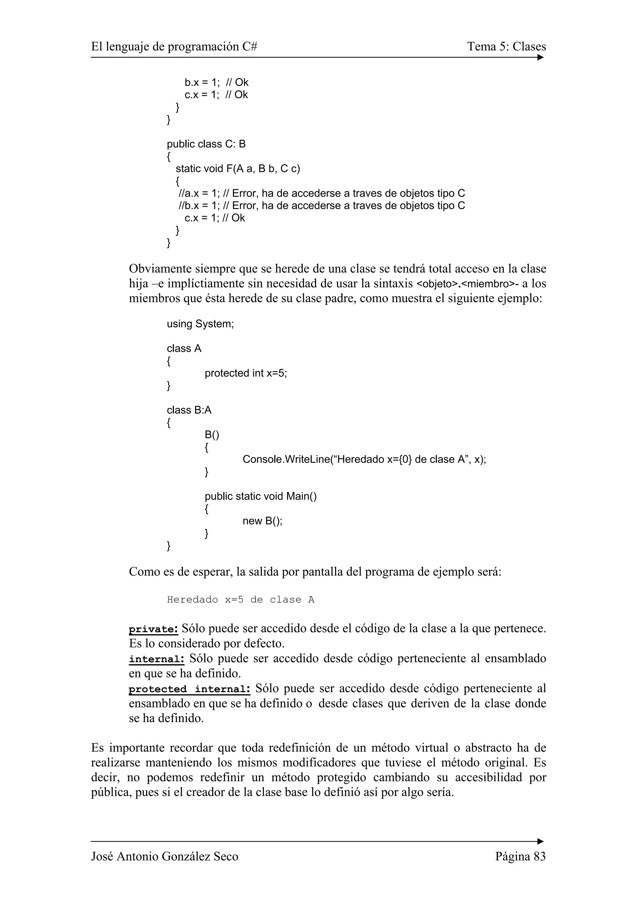 El lenguaje de programación C# Tema 5: Clases 
b.x = 1; // Ok 
c.x = 1; // Ok 
} 
} 
public class C: B 
{ 
static void F(A a, B b, C c) 
{ 
//a.x = 1; // Error, ha de accederse a traves de objetos tipo C 
//b.x = 1; // Error, ha de accederse a traves de objetos tipo C 
c.x = 1; // Ok 
} 
} 
Obviamente siempre que se herede de una clase se tendrá total acceso en la clase 
hija –e implíctiamente sin necesidad de usar la sintaxis <objeto>.<miembro>- a los 
miembros que ésta herede de su clase padre, como muestra el siguiente ejemplo: 
using System; 
class A 
{ 
protected int x=5; 
} 
class B:A 
{ 
B() 
{ 
Console.WriteLine(“Heredado x={0} de clase A”, x); 
} 
public static void Main() 
{ 
new B(); 
} 
} 
Como es de esperar, la salida por pantalla del programa de ejemplo será: 
Heredado x=5 de clase A 
private: Sólo puede ser accedido desde el código de la clase a la que pertenece. 
Es lo considerado por defecto. 
internal: Sólo puede ser accedido desde código perteneciente al ensamblado 
en que se ha definido. 
protected internal: Sólo puede ser accedido desde código perteneciente al 
ensamblado en que se ha definido o desde clases que deriven de la clase donde 
se ha definido. 
Es importante recordar que toda redefinición de un método virtual o abstracto ha de 
realizarse manteniendo los mismos modificadores que tuviese el método original. Es 
decir, no podemos redefinir un método protegido cambiando su accesibilidad por 
pública, pues si el creador de la clase base lo definió así por algo sería. 
José Antonio González Seco Página 83 
 