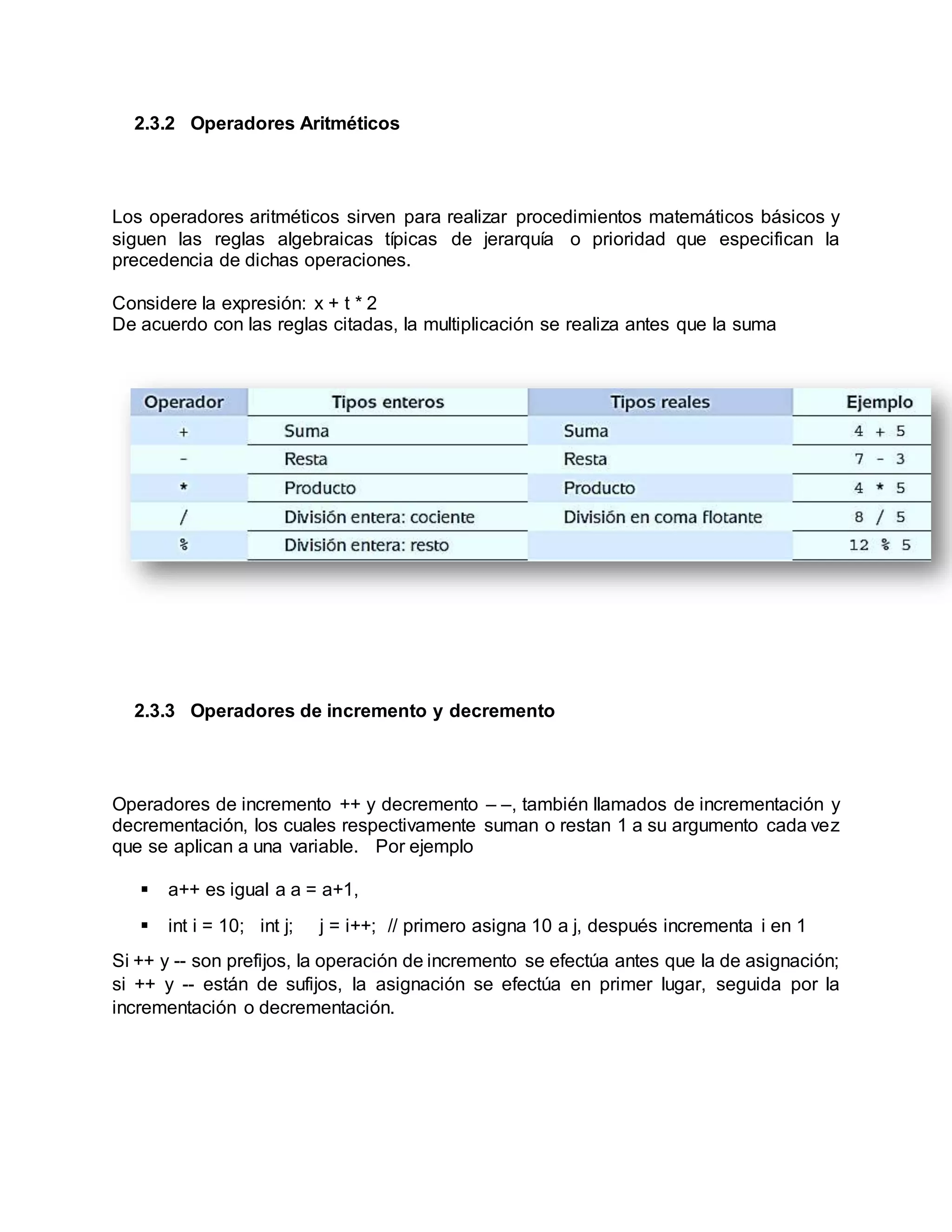 2.3.2 Operadores Aritméticos
Los operadores aritméticos sirven para realizar procedimientos matemáticos básicos y
siguen las reglas algebraicas típicas de jerarquía o prioridad que especifican la
precedencia de dichas operaciones.
Considere la expresión: x + t * 2
De acuerdo con las reglas citadas, la multiplicación se realiza antes que la suma
2.3.3 Operadores de incremento y decremento
Operadores de incremento ++ y decremento – –, también llamados de incrementación y
decrementación, los cuales respectivamente suman o restan 1 a su argumento cada vez
que se aplican a una variable. Por ejemplo
 a++ es igual a a = a+1,
 int i = 10; int j; j = i++; // primero asigna 10 a j, después incrementa i en 1
Si ++ y -- son prefijos, la operación de incremento se efectúa antes que la de asignación;
si ++ y -- están de sufijos, la asignación se efectúa en primer lugar, seguida por la
incrementación o decrementación.
 