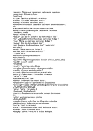 <sstream> Flujos para trabajar con cadenas de caracteres
<streambuf> Búferes de flujos
CADENAS
<cctype> Examinar y convertir caracteres
<cstdlib> Funciones de cadena estilo C
<cstring> Funciones de cadena estilo C
<cwchar> Funciones de cadena de caracteres extendidos estilo C
109
<cwctype> Clasificación de caracteres extendidos
<string> Clases para manipular cadenas de caracteres
CONTENEDORES
<bitset> Matriz de bits
<deque> Cola de dos extremos de elementos de tipo T
<list> Lista doblemente enlazada de elementos de tipo T
<map> Matriz asociativa de elementos de tipo T
<queue> Cola de elementos de tipo T
<set> Conjunto de elementos de tipo T (contenedor
asociativo)
<stack> Pila de elementos de tipo T
<vector> Matriz de elementos de tipo T
ITERADORES
<iterator> Soporte para iteradores
ALGORITMOS
<algorithm> Algoritmos generales (buscar, ordenar, contar, etc.)
<cstdlib> bsearch y qsort
NÚMEROS
<cmath> Funciones matemáticas
<complex> Operaciones con números complejos
<cstdlib> Números aleatorios estilo C
<numeric> Algoritmos numéricos generalizados
<valarray> Operaciones con matrices numéricas
DIAGNÓSTICOS
<cassert> Macro ASSERT
<cerrno> Tratamiento de errores estilo C
<exception> Clase base para todas las excepciones
<stdexcept> Clases estándar utilizadas para manipular excepciones
UTILIDADES GENERALES
<ctime> Fecha y hora estilo C
<functional> Objetos función
<memory> Funciones para manipular bloques de memoria
110
<utility> Manipular pares de objetos
LOCALIZACIÓN
<clocale> Control estilo C de las diferencias culturales
<locale> Control de las diferencias culturales
SOPORTE DEL LENGUAJE
<cfloat> Limites numéricos en coma flotante de estilo C
<climits> Limites numéricos estilo C
<csetjmp> Salvar y restaurar el estado de la pila
 