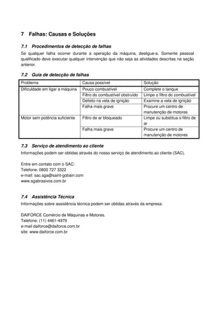 7 Falhas: Causas e Soluções

7.1   Procedimentos de detecção de falhas
Se qualquer falha ocorrer durante a operação da máquina, desligue-a. Somente pessoal
qualificado deve executar qualquer intervenção que não seja as atividades descritas na seção
anterior.

7.2   Guia de detecção de falhas
Problema                         Causa possível                    Solução
Dificuldade em ligar a máquina   Pouco combustível                 Complete o tanque
                                 Filtro do combustível obstruído   Limpe o filtro do combustível
                                 Defeito na vela de ignição        Examine a vela de ignição
                                 Falha mais grave                  Procure um centro de
                                                                   manutenção de motores
Motor sem potência suficiente    Filtro de ar bloqueado            Limpe ou substitua o filtro de
                                                                   ar
                                 Falha mais grave                  Procure um centro de
                                                                   manutenção de motores

7.3   Serviço de atendimento ao cliente
Informações podem ser obtidas através do nosso serviço de atendimento ao cliente (SAC).

Entre em contato com o SAC:
Telefone: 0800 727 3322
e-mail: sac.sga@saint-gobain.com
www.sgabrasivos.com.br


7.4   Assistência Técnica
Informações sobre assistência técnica podem ser obtidas através da empresa:

DAIFORCE Comércio de Máquinas e Motores.
Telefone: (11) 4461-4979
e-mail daiforce@daiforce.com.br
site: www.daiforce.com.br
 