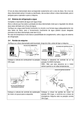 O furo do disco diamantado deve corresponder exatamente com o eixo do disco. Se o furo do
disco diamantado estiver trincado ou danificado, não se deve utilizar o disco diamantado, pois é
perigoso para o operador e para a máquina.

3.3    Sistema de refrigeração a água
Complete o reservatório de água com água limpa.
Abra a válvula que fica sobre a proteção do disco diamantado (note que o regulador da válvula
deve estar alinhado com o fluxo de água).
Verifique se a água está fluindo livremente no circuito e se fornece água adequadamente nos
dois lados do disco, pois o fornecimento insuficiente de água poderá causar desgaste
prematuro do disco diamantado (vide item 5.2.2).
No caso de temperatura muito baixa e possibilidade de congelamento, solte a água do sistema
de refrigeração.

3.4    Partida da máquina
Verifique se o disco diamantado está levantado, longe do chão, antes de ligar a máquina.
                          VÁLVULA DO COMBUSTÍVEL
                                                                       ALAVANCA DE CONTROLE DO AR


                                                         CLOSED
                                                       (FECHADO)


           ON                              ON (Liga)                   CLOSED
           (Liga)                                                    (FECHADO)


Coloque a válvula do combustível na posição Coloque a alavanca de controle do ar na
ON (Liga).                                  posição CLOSED (fechado).
                                            OBS.: Não use esta alavanca se o motor
                                            estiver quente ou em altas temperaturas.

                                                                     CHAVE DE PARTIDA DO MOTOR




                               ALTA          BAIXA                        ON (Liga)




      VÁLVULA DE CONTROLE DA
       ACELERAÇÃO DO MOTOR
                                                                                           ON (Liga)



Coloque a válvula de controle da aceleração Coloque a chave de partida do motor na
do motor um pouco para a esquerda.          posição ON (Liga), e confirme se a chave de
                                            emergência máquina está na posição correta
                                            ON (Liga).
 